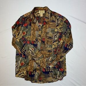 Vintage Metro Express 100% Silk Button Up Shirt Womens Size S Mod Rose Pattern